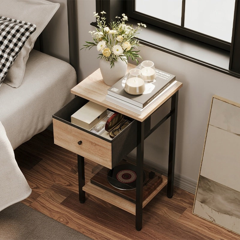 Noptieră cu sertare și raft, maro deschis, stil industrial loft, 51 cm