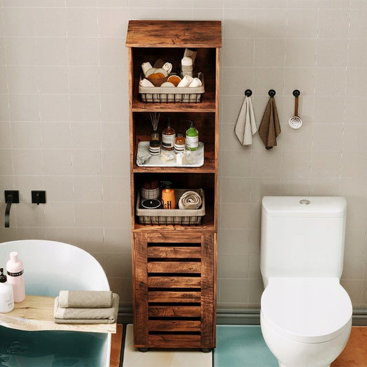Dulap de baie îngust, maro închis, stil rustic, înălțime 88 cm