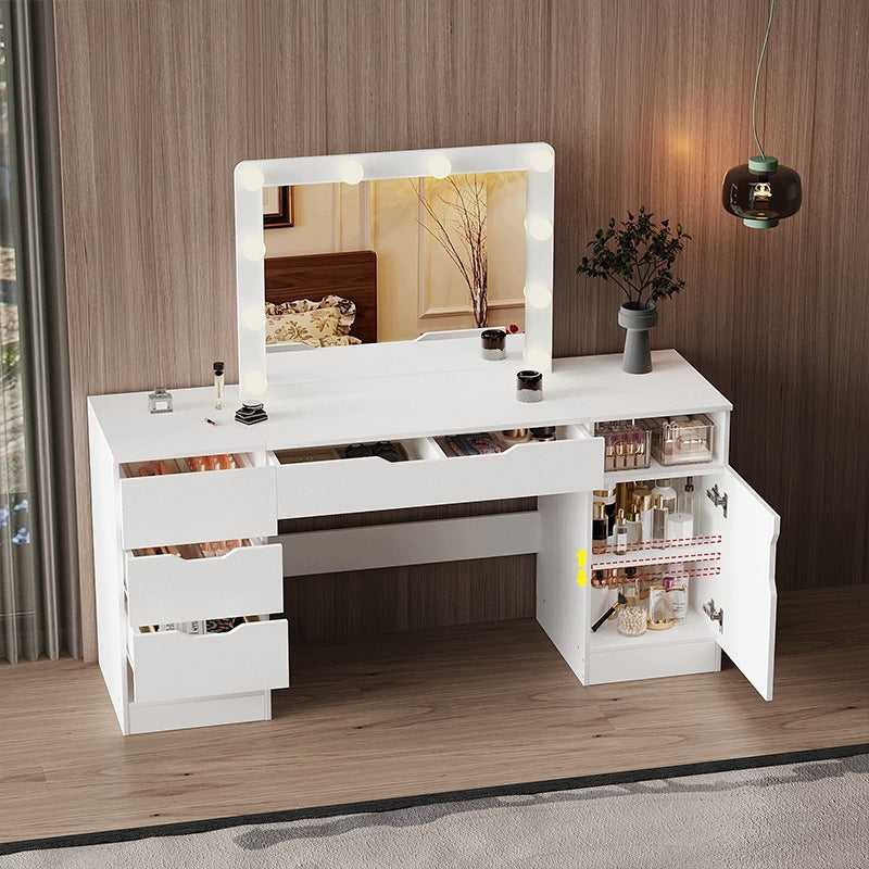 Măsuță de toaletă mare cu oglindă LED, albă, cu sertare pentru machiaj, în stil loft