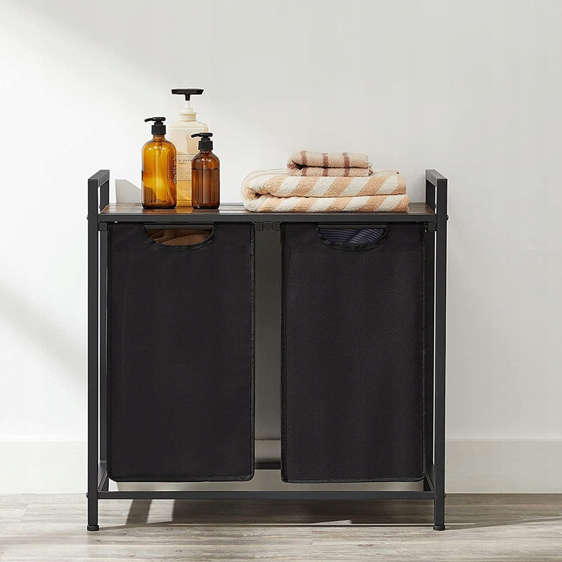 Coș de rufe mare cu două compartimente și raft, suport industrial pentru containere