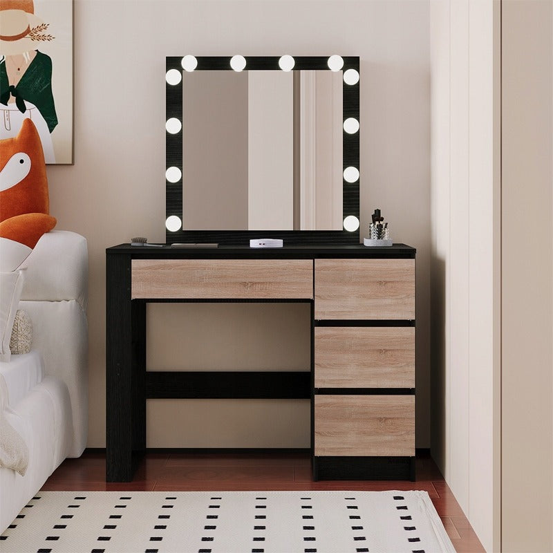 Masă de machiaj modernă, de tip loft, neagră, cu oglindă LED