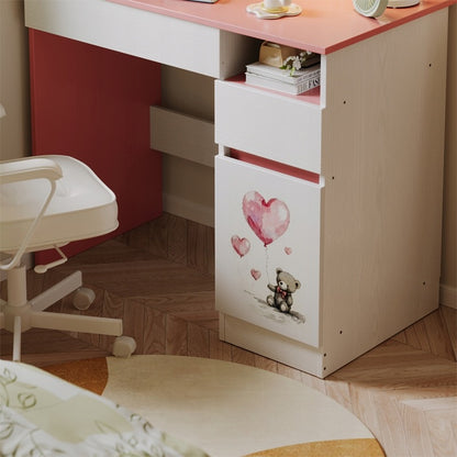 Birou pentru copii cu ursuleț roz pentru fete, stil loft modern, raft și sertar