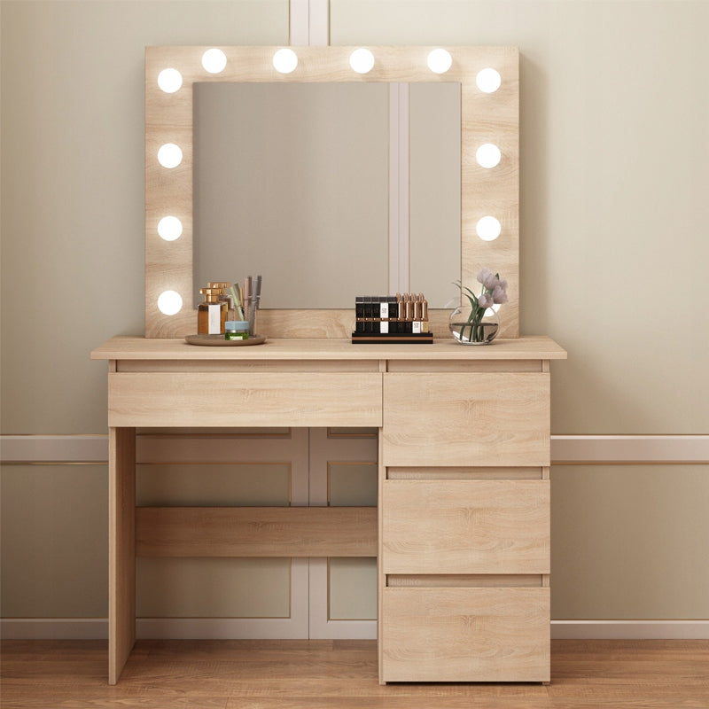 Masă de toaletă cosmetică cu LED maro, oglindă și 4 sertare, spațioasă pentru dormitor