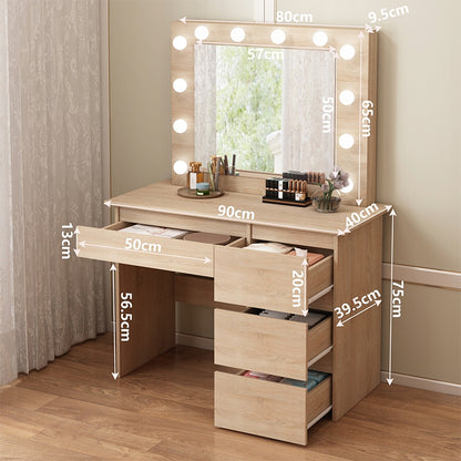Masă de toaletă cosmetică cu LED maro, oglindă și 4 sertare, spațioasă pentru dormitor