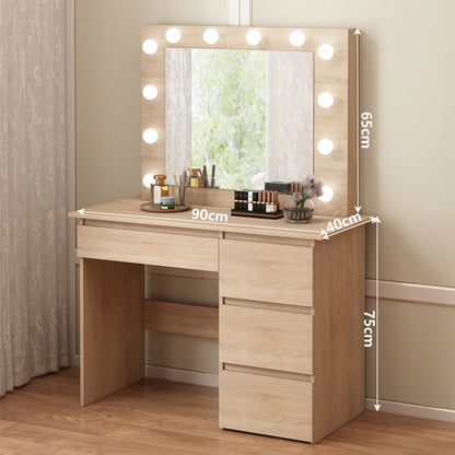 Masă de toaletă cosmetică cu LED maro, oglindă și 4 sertare, spațioasă pentru dormitor