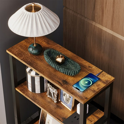 Bibliotecă pentru living cu port USB, culoare maro, dulap tip mansardă