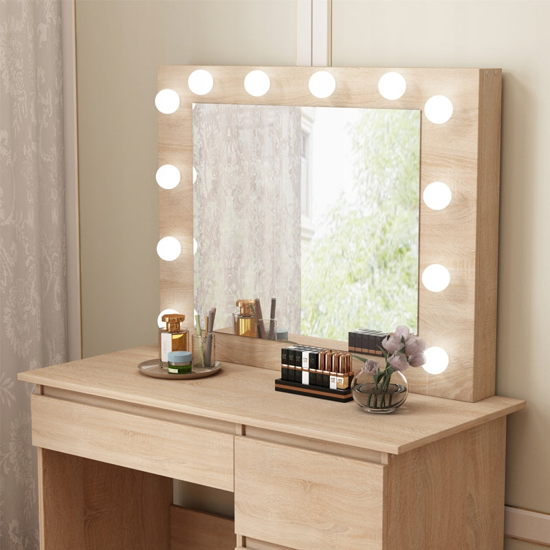 Masă de toaletă cosmetică cu LED maro, oglindă și 4 sertare, spațioasă pentru dormitor