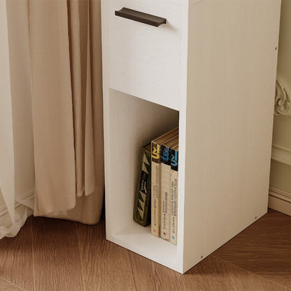 Noptieră albă cu sertar, masă cu raft, dormitor modern în stil loft