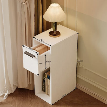 Noptieră albă cu sertar, masă cu raft, dormitor modern în stil loft