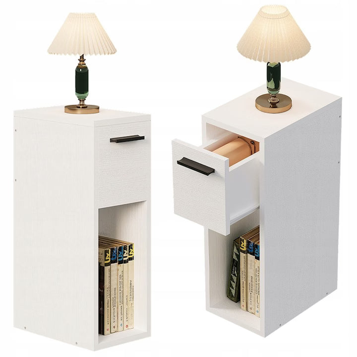 Noptieră albă cu sertar, masă cu raft, dormitor modern în stil loft