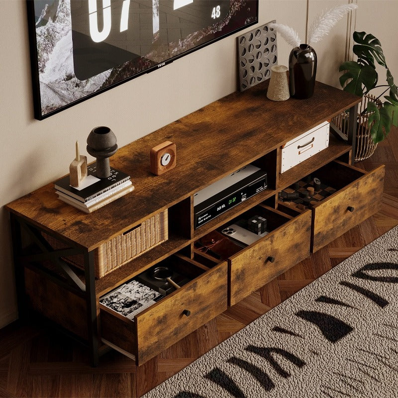 Comodă TV vintage de tip loft cu 3 sertare, maro rustic, 143 cm